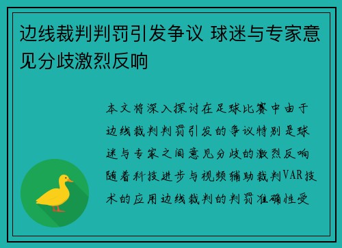 边线裁判判罚引发争议 球迷与专家意见分歧激烈反响