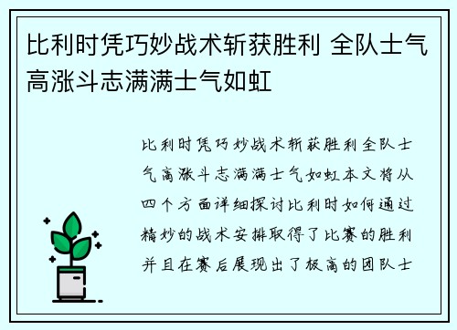 比利时凭巧妙战术斩获胜利 全队士气高涨斗志满满士气如虹