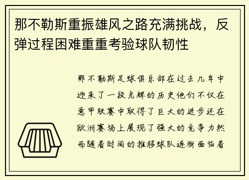 那不勒斯重振雄风之路充满挑战，反弹过程困难重重考验球队韧性